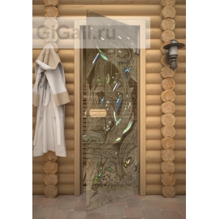 Дверь для бани или сауны стеклянная Арт-серия с фьюзингом Осетры, липа