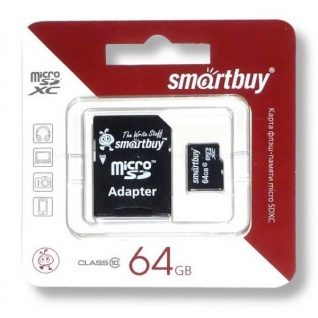 Карта памяти 64GB SmartBuy microSDXC 10 class UHS-1 + SD adapter
