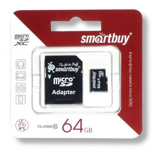 Карта памяти 64GB SmartBuy microSDXC 10 class UHS-1 + SD adapter 1931154