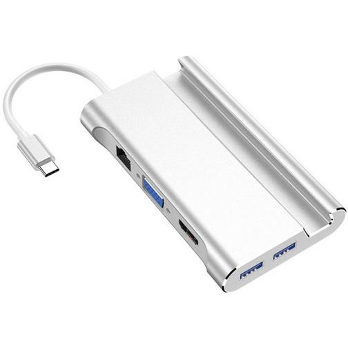 USB-концентратор (Хаб) GSMIN RT-17 7 в 1 c подставкой для телефона (Type-C, 3xUSB 3.0, RJ45, HDMI, VGA, PD) (Белый) 42772607