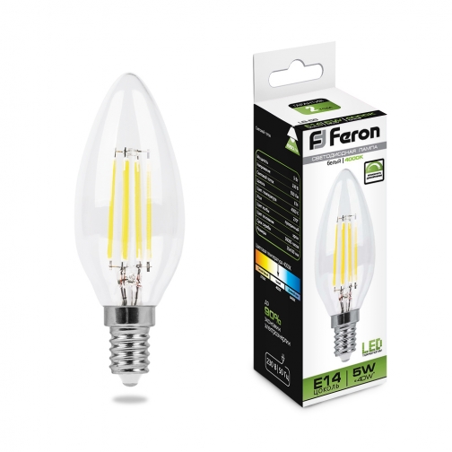 Светодиодная лампа Feron LB-68 (5W) 230V E14 4000K филамент C35 8165338