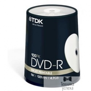 Tdk TDK Диск DVD-R 4.7Gb 16x Cake Box (100шт) Printable, DVD-R47PWWCBED100