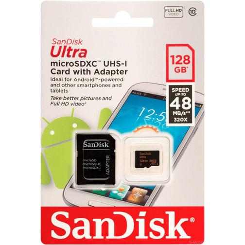 Карта памяти MicroSD  128GB  SanDisk Class 10 Ultra (48 Mb/s) + SD адаптер 42191182