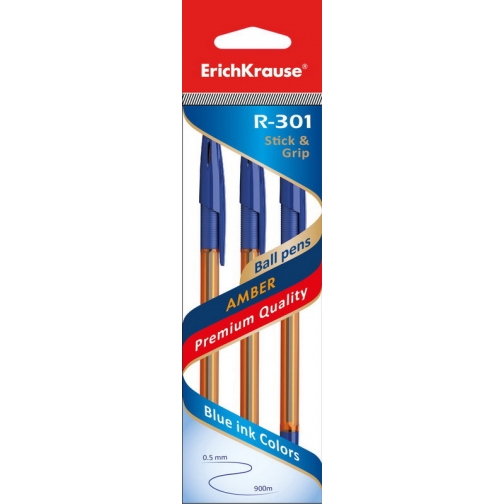 Ручка шариковая R-301 AMBER 0.7 Stick&Grip в наборе из 3 штук (пакет) СИНИЕ ErichKrause 37923860