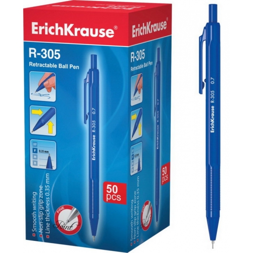 Ручка шариковая R-305 автоматическая (коробка 50 шт.), 0,35 мм, СИНИЕ ErichKrause 37923856