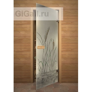 Дверь для бани или сауны стеклянная Арт-серия с фьюзингом Тростник, липа