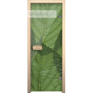 Дверь для бани или сауны стеклянная Арт-серия с рисунком Глассджет Листья зеленые,липа