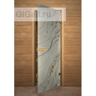 Дверь для бани или сауны стеклянная Арт-серия с фьюзингом Галька, липа