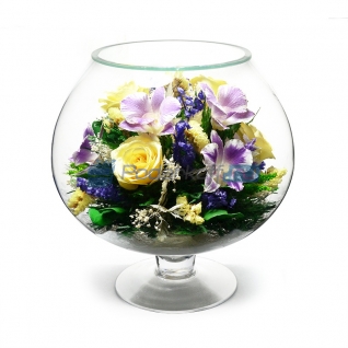 Цветы в стекле в вакууме "Виола желто-сиреневая", розы и орхидеи
