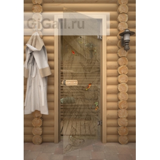 Дверь для бани или сауны стеклянная Арт-серия с фьюзингом Подледный, липа