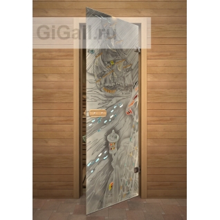 Дверь для бани или сауны стеклянная Арт-серия с фьюзингом Фрегат, липа