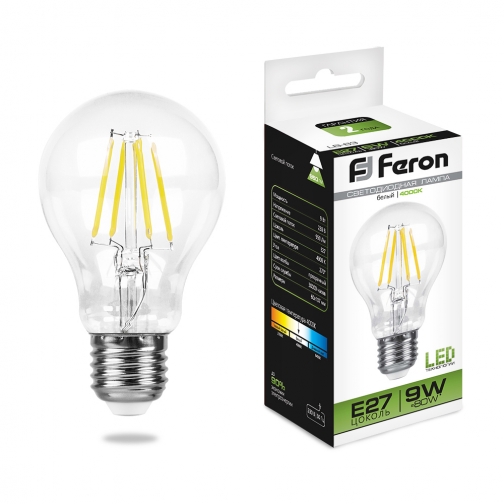 Светодиодная лампа Feron LB-63 (9W) 230V E27 4000K филамент A60 8165282