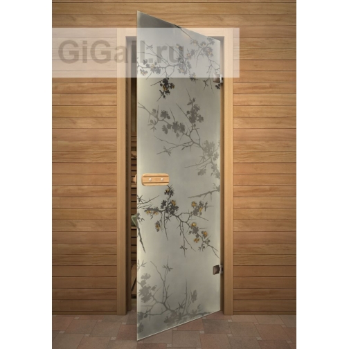 Дверь для бани или сауны стеклянная Арт-серия с фьюзингом Дикая слива, липа 5900555