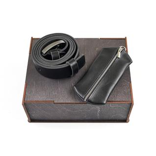 Набор: ключница, черная + ремень, черный + подарочная коробка из дерева