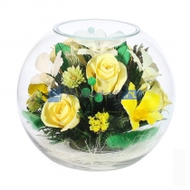 Цветы в стекле в вакууме "Белла желтая", розы и орхидеи