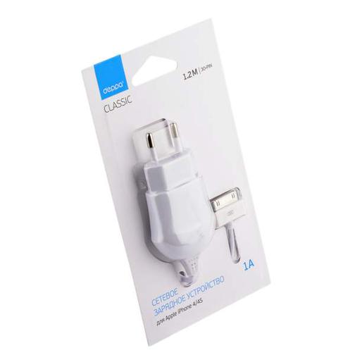 Сетевое зарядное устройство Deppa D-23124 30-pin для Apple, 1A (1.2m) Белый 42534272