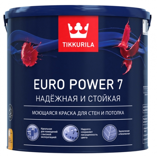ТИККУРИЛА Евро-7 Пауэр краска в/д латексная акриловая (9л) / TIKKURILA Euro Power 7 краска моющаяся для стен и потолка (9л) Тиккурила 5656751