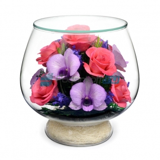 Цветы в стекле в вакууме "Ассоль красно-сиреневая", розы и орхидеи