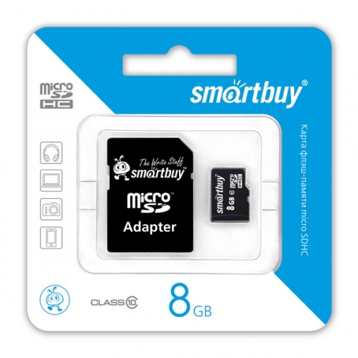 Карта памяти MicroSD 8Gb 10 class c адаптером MicroSDHC8GB SmartBuy 5301581