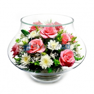 Цветы в стекле в вакууме "Ванесса бело-розовая", розы