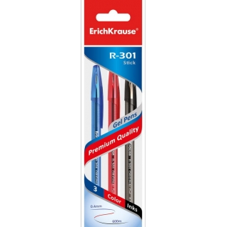 Ручка гелевая R-301 ORIGINAL Gel 0.5 в наборе из 3 штук: синяя, черная, красная, пакет ErichKrause