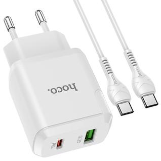 Адаптер питания Hoco N5 Favor dual port PD+QC 3.0 charger с кабелем Type-C to Type-C (USB: 5V max 3.0A/ 20Вт) Белый