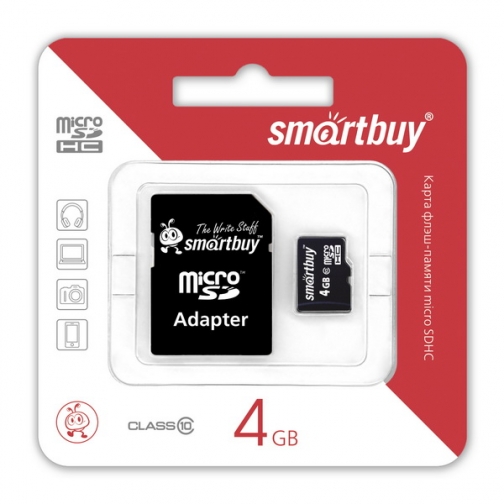 Карта памяти MicroSD 4Gb 10 class c адаптером MicroSDHC4GB SmartBuy 5301582