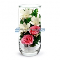 Цветы в стекле в вакууме "Глория бело-розовая", розы и орхидеи