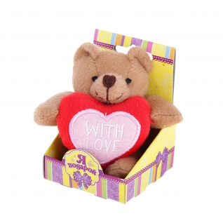 Мягкая игрушка "Я подарок" - Мишка с сердечком, коричневый, 12 см