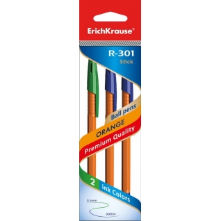 Ручка шариковая R-301 ORANGE 0.7 Stick в наборе из 3 штук (пакет, две синие, одна зеленая) ErichKrause