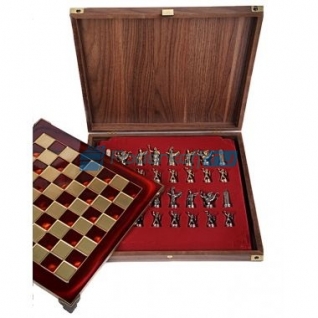 Шахматы "Троянские воины" в кейсе (красная доска, фигуры золото-бронза), средние