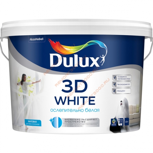 DULUX 3D White краска ослепительно белая матовая (10л) / DULUX 3D White краска латексная в/д для стен и потолков матовая (10л) 5998305