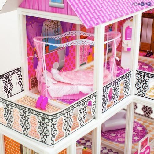 3-этажный кукольный дом (угловой) с 6 комнатами, мебелью, 3 куклами и велосипедом в наборе 42478542 1