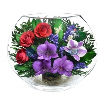 Цветы в стекле в вакууме "Аврора красно-сиреневая", розы и орхидеи
