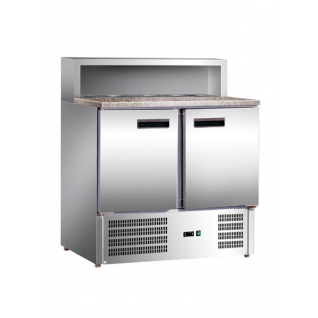 Gastrorag Холодильник-рабочий стол для пиццы GASTRORAG PS900 SEC"мини", +2...+8оС, 285 л, 2 дверцы, 2 полки-решетки, гнездо вместимостью 5 GN 1/6, столешница из гранита, снаружи - нерж.сталь 304/430, внутри - алюминий