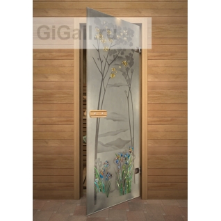 Дверь для бани или сауны стеклянная Арт-серия с фьюзингом Ирисы, липа