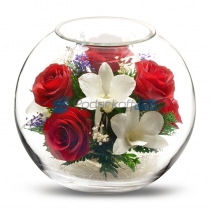 Цветы в стекле в вакууме "Белла красно-белая", розы и орхидеи