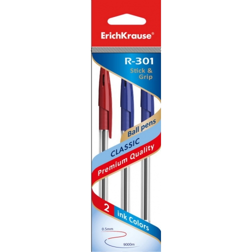 Ручка шариковая R-301 CLASSIC 1.0 Stick&Grip в наборе из 3 штук (пакет, две синие, одна красная) ErichKrause 37923868