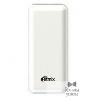 Ritmix Ritmix Power bank Li-Ion узкий 6,4см, ёмкость 10 000мАч выход 2xUSB 5В 2,1А, фонарик + световой индикатор заряда, размер 145*65*22, цвет: белый поверхность "под кожу"