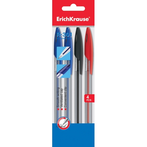 Ручка шариковая R-301 в наборе из 4 штук (2 синие, красная, черная), 1,0мм, ErichKrause 37917459