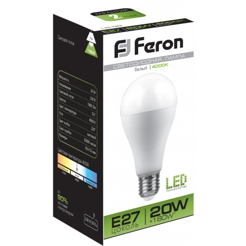 Светодиодная лампа Feron LB-98 (20W) 230V E27 4000K A65 8163763 1