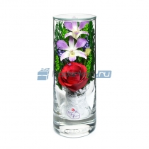 Цветы в стекле в вакууме "Анита красно-сиреневая", розы и орхидеи