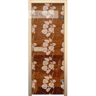 Дверь для бани или сауны стеклянная Арт-серия с рисунком Глассджет Белые листья, липа