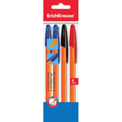 Ручки шариковые набор 4шт. АССОРТИ ErichKrause R-301 orange (2синие, красная, черная), 0,7мм 37917453