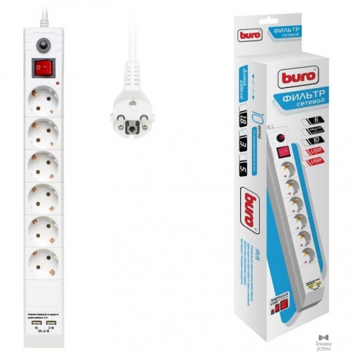 Buro BURO Сетевой фильтр, 6 розеток, 3 метра, (BU-SP3_USB_2A-W), белый (коробка) 992311 6878558