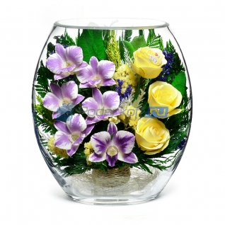 Цветы в стекле в вакууме "Алексия сиренево-желтая", розы и орхидеи