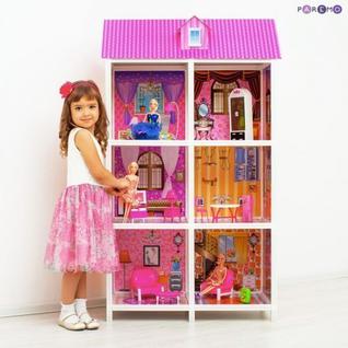 3-этажный кукольный дом с 6 комнатами, мебелью и 3 куклами в наборе
